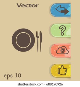 Icono plano. Placa, tenedor y cuchillo. Cena. Un café. Un restaurante.