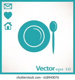 Icono plano. Placa y cuchara. Cena. Comida.