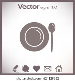 Flat icon. Plate and spoon. Dinner. Food.