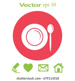 Flat icon. Plate and spoon. Dinner. Food.