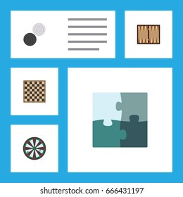 Flat Icon Play Set Of Arrow, Dice, Chess Table And Other Vector Objects. Also Includes Darts, Jigsaw, Chequer Elements.