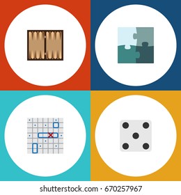 Flat Icon Play Set Of Backgammon, Jigsaw, Sea Fight And Other Vector Objects. Also Includes Backgammon, Jigsaw, Battle Elements.