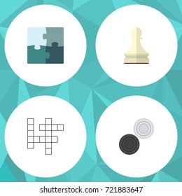 Flat Icon Play Set Of Jigsaw, Pawn, Chequer And Other Vector Objects. Also Includes Puzzle, Jigsaw, Pawn Elements.