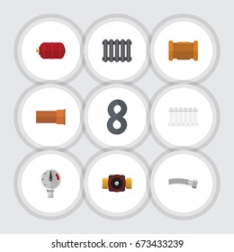 Flat Icon Plumbing Set Of Cast, Container, Heater And Other Vector Objects. Also Includes Valve, Faucet, Water Elements.