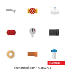 Flat Icon Plumbing Set Of Corrugated Pipe, Pressure, Roll And Other Vector Objects. Also Includes Manometer, Valve, Flange Elements.