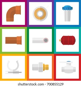 Flat Icon Plumbing Set Of Industry, Drain, Conduit And Other Vector Objects. Also Includes Valve, Container, Plumbing Elements.