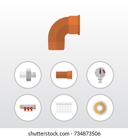 Flat Icon Plumbing Set Of Iron, Pipework, Radiator And Other Vector Objects. Also Includes Manometer, Scale, Teflon Elements.