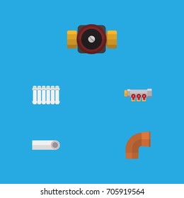 Flat Icon Plumbing Set Of Pipework, Iron, Drain And Other Vector Objects. Also Includes Faucet, Pipe, Heater Elements.