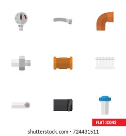 Flat Icon Plumbing Set Of Radiator, Pressure, Corrugated Pipe And Other Vector Objects. Also Includes Manometer, Cast, Heater Elements.
