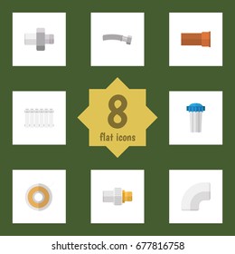 Flat Icon Plumbing Set Of Roll, Cast, Water Filter And Other Vector Objects. Also Includes Iron, Radiator Elements.