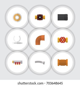 Flat Icon Plumbing Set Of Tap, Corrugated Pipe, Iron And Other Vector Objects. Also Includes Flange, Iron, Roll Elements.