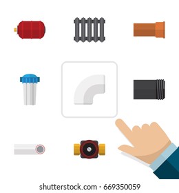Flat Icon Plumbing Set Of Water Filter, Tube, Drain And Other Vector Objects. Also Includes Pump, Filter, Pipe Elements.