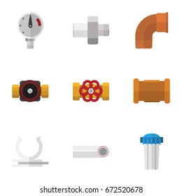 Flat Icon Plumbing Set Of Water Filter, Connector, Pipe And Other Vector Objects. Also Includes Holder, Filter, Plumbing Elements.