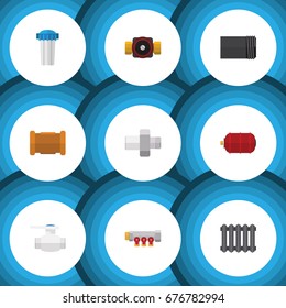 Flat Icon Plumbing Set Of Water Filter, Tube, Pipe And Other Vector Objects. Also Includes Tank, Radiator, Industry Elements.