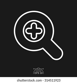 Flat icon of plus sign in magnifying glass.