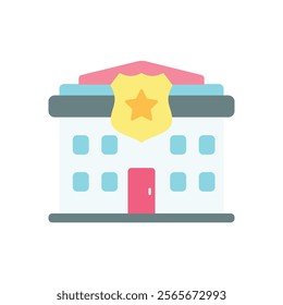 Flat icon of a Police tation with a star badge on the roof in cartoon style. Perfect for law enforcement, city planning, and safety-related projects. Ideal for apps and websites.