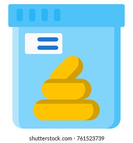 Flat icon of a poop sample for lab test. Vector illustration stool specimen in a container. Faeces enclosed in a bottle. Isolated on white background.