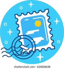 Flat icon postage stamp with a picture of clouds and sun.