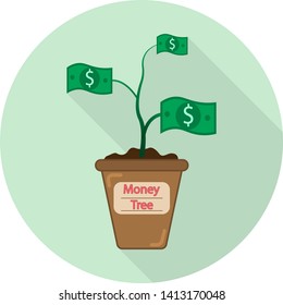 flat icon of pot with growing money tree on green background