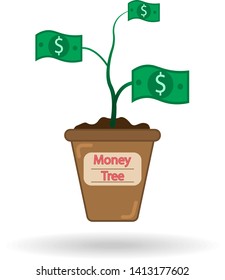 flat icon of pot with growing money tree isolated