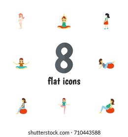 Flat Icon Pregnancy Set Of Mother, Sport, Pregnancy And Other Vector Objects. Also Includes Woman, Lady, Sport Elements.
