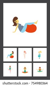 Flat Icon Pregnancy Set Of Pregnant Woman, Sport, Meditation And Other Vector Objects. Also Includes Pregnant, Meditation, Fitness Elements.