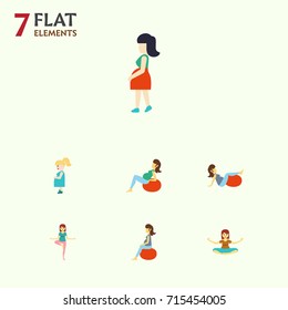 Flat Icon Pregnant Set Of Lady, Pose, Meditation And Other Vector Objects. Also Includes Pregnant, Pregnancy, Sport Elements.