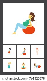 Flat Icon Pregnant Set Of Mother, Pregnancy, Pregnant Woman And Other Vector Objects. Also Includes Pregnancy, Sport, Woman Elements.