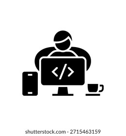 Icono plano presenta a un hombre en un escritorio viendo código en una pantalla de computadora con un teléfono celular y café. El diseño tiene un fondo transparente.