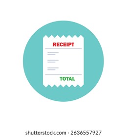 Flat icon of a printed receipt with the words "RECEIPT" and "TOTAL" inside a blue-green circle. Ideal for finance, shopping, accounting, and budget tracking concepts.