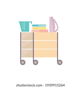 Flat icon of rack on wheels with iron towels and measuring container vector illustration