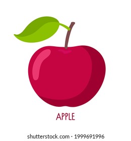 Flat icon red Apple fruit with leaf isolated on white background. Farmer Market Logo. Organic food eco template for menu, apple jam and juice label, tea banner, apple product, fruit website, banner