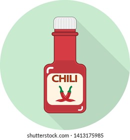 flat icon of red bottle with chili sauce on green background

