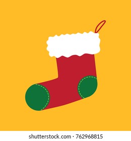 Flat icon red Christmas socks isolated on yellow background. Vector illustration.