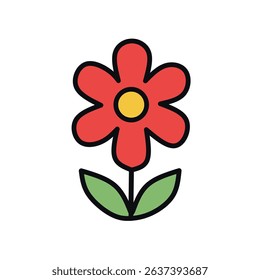 Flat icon of a red flower with green leaves, symbolizing beauty, growth, and nature. Suitable for spring designs, gardening themes, and floral elements
