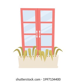 Flat icon with red glass two fold window and growing green plants vector illustration