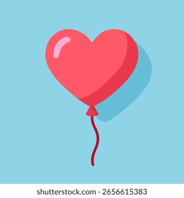 Ícone plano de um balão de coração vermelho com corda curva e realce brilhante no plano de fundo azul claro. Perfeito para o Dia dos Namorados, mensagens de amor ou designs com tema romântico