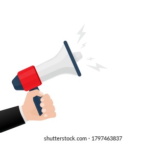 Icono plano con megáfono rojo con la mano para el diseño conceptual. Plantilla de ilustración de vector. Diseño plano. Concepto de negocio.
