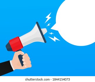 Flat icon with red megaphone with hand for concept design. Vector illustration template. Flat design. Business concept.