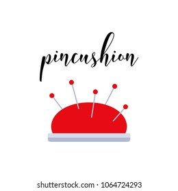 Flat icon of red round pincushion with needles and pins isolated on white background. Flat vector illustration of sewing instrument .Poster for atelier, tailor, seamstress, tissure shop. 