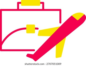 Icono plano de una maleta roja con un camino de flecha y una nube, que muestra el equipaje en tránsito o un Plan de viaje.