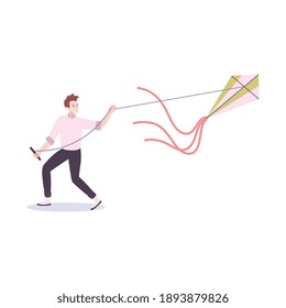 Flat icon of relaxing man flying kite vector illustration