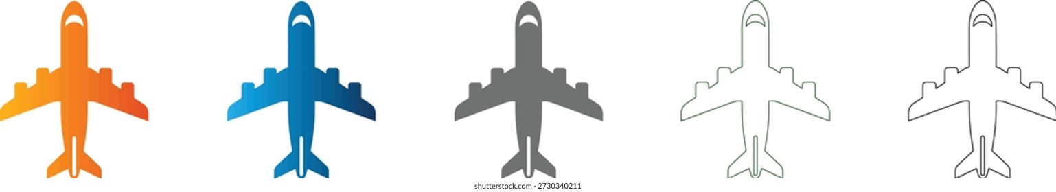 Um ícone plano representando um avião como parte de um conjunto de ícones coesos. Gráfico vetorial preto sólido, isolado em branco, para design limpo.