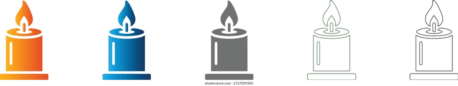 Um ícone plano representando uma vela com uma chama brilhante, parte de um conjunto de ícones vetoriais consistentes, isolado em um fundo branco.