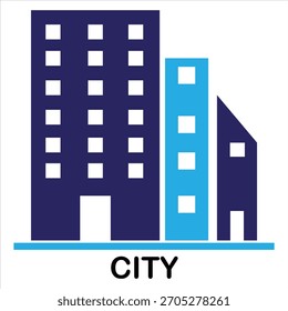 Un icono plano que representa una ciudad con tres edificios de diferentes alturas y colores, incluidos azul y azul oscuro, sobre un fondo blanco.
