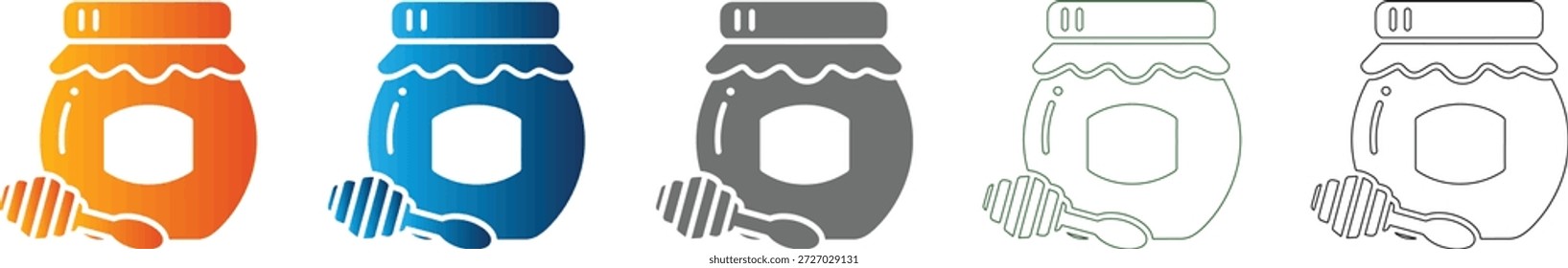 Ein flaches Symbol, das ein Honigglas mit einem Dipper darstellt, Teil eines konsistenten Symbolsatzes. Vollständige schwarze Vektorgrafik, einzeln auf Weiß.