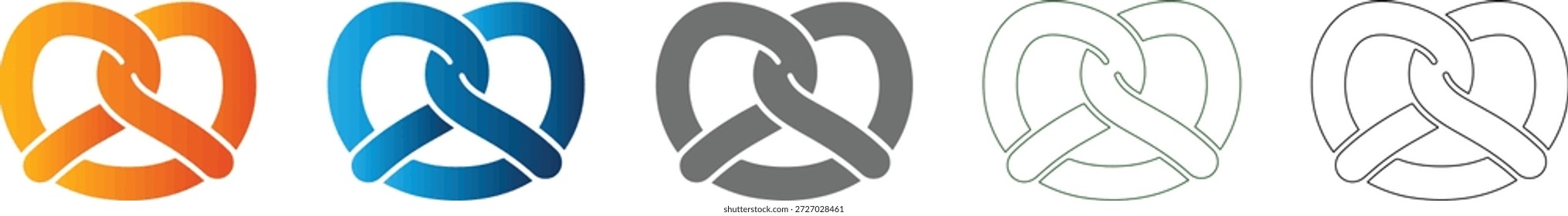 Um ícone plano representando um pretzel, parte de um conjunto de ícones coesos. Gráfico vetorial preto sólido isolado em branco.