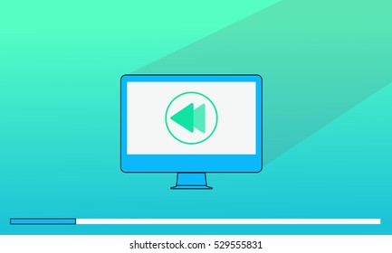 Flat icon rewind button in song audio video media player program on screen computer morniter for website or mobile application in minimal style and Technology Concept, Vector in green and blue tone