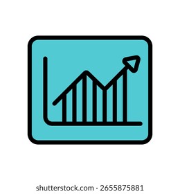 Flaches Symbol eines aufsteigenden Balkendiagramms mit Pfeil, schwarzem Umriss und blauem Hintergrund. Ideal für Finanzen, Analysen, Wachstum, Statistiken und Business-Dashboards.