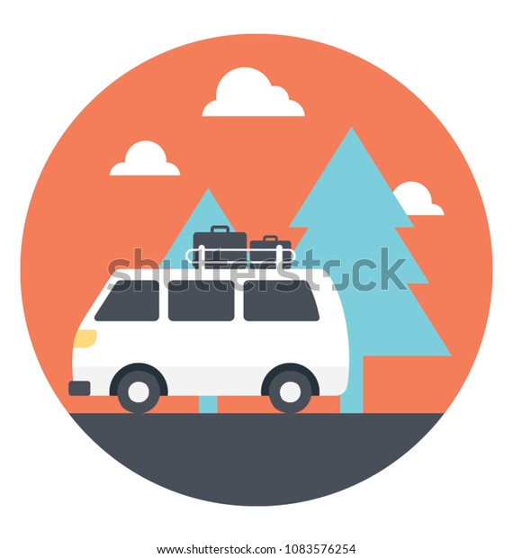 \
Flat icon of a road\
trip in a caravan \
